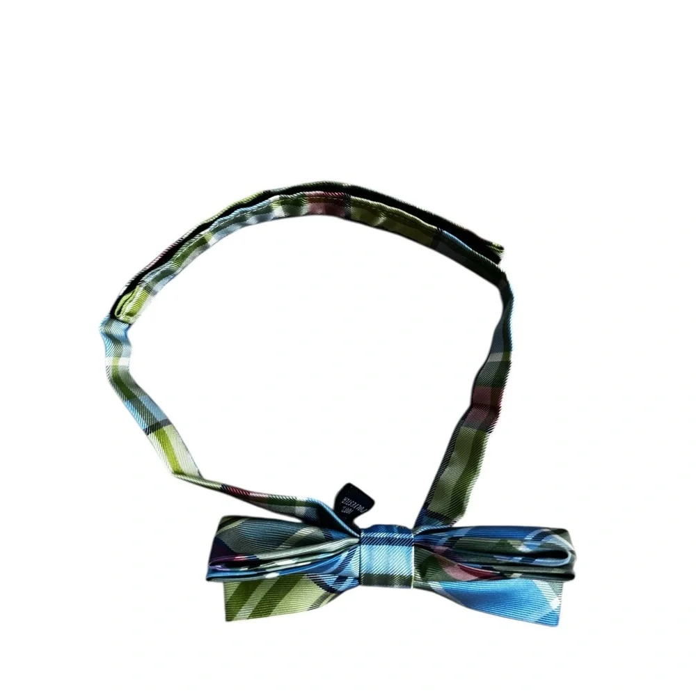 EUC Boys madras plaid woven bow tie preppy spring summer blue green Velcro band
